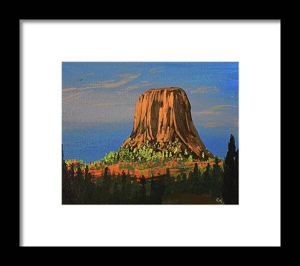 Devil's Tower Framed Print featuring the painting Morning Light on Devil's Tower, Wyoming by Chance Kafka