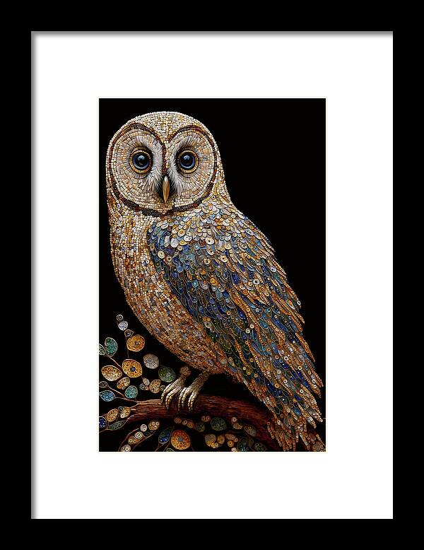 Owls Framed Print featuring the digital art Mosaic Owl by Peggy Collins
