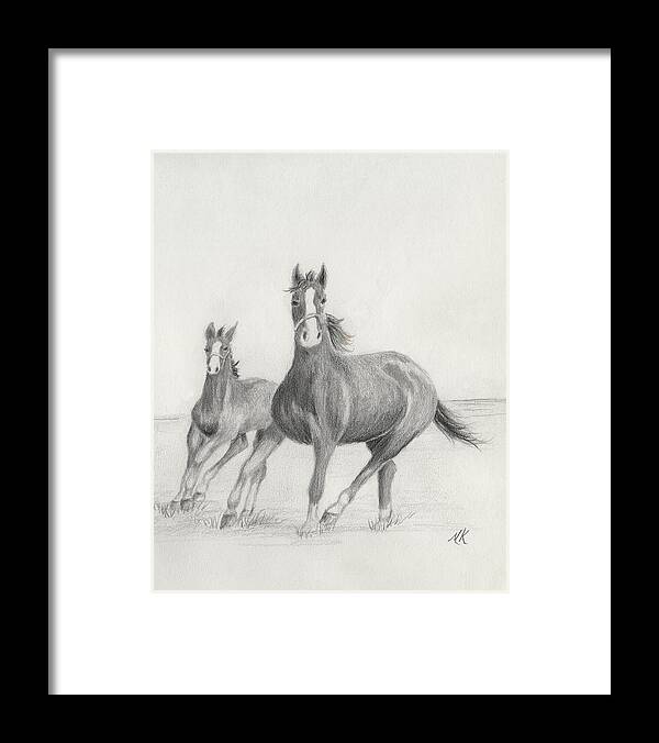 Horse Framed Print featuring the drawing Mother and Colt - Two Horses Running by Melodie Kantner