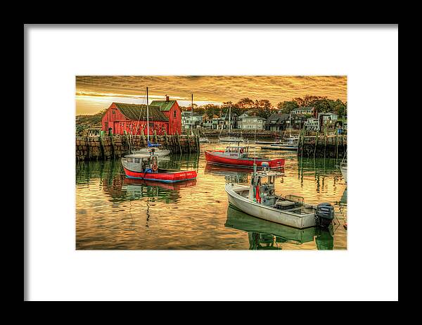 Motif 1 Sunrise Framed Print featuring the photograph Motif #1 and Lobster Boats at Sunrise in Rockport Harbor by Gregory Ballos