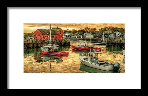 Motif 1 Panorama Framed Print featuring the photograph Motif #1 Fishing Shack Sunrise Panorama and Rockport Harbor by Gregory Ballos