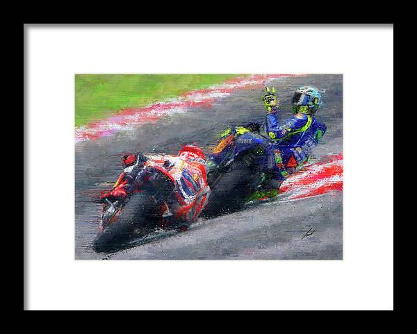 Motorcycle Framed Print featuring the painting MOTO GP Rossi vs Marquez by Vart by Vart