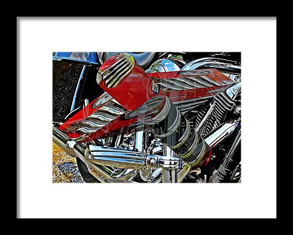 Car Framed Print featuring the digital art Motorcycle engine with a 3D cylinder box by Karl Rose