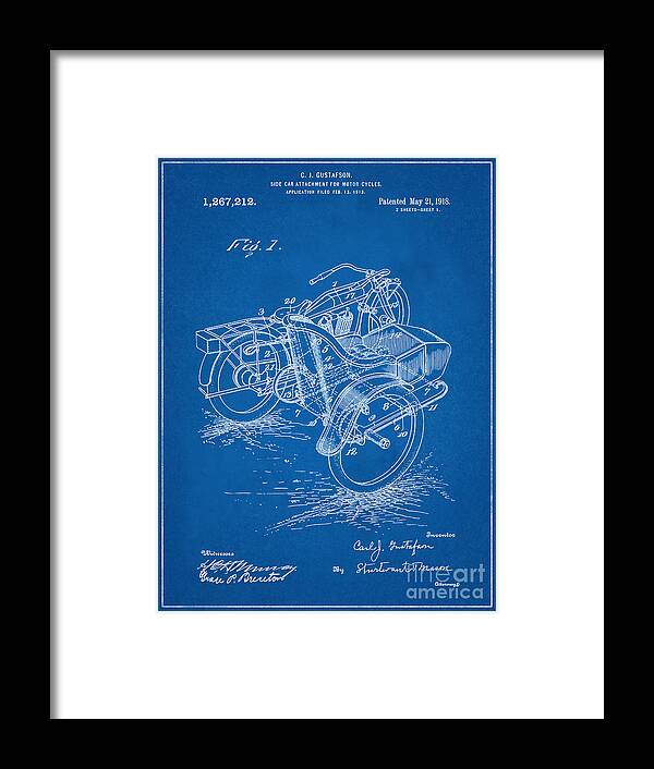 Motorcycle Poster Framed Print featuring the mixed media Motorcycle Sidecar Patent Blueprint Year 1918 Vintage Patent Art Print Artwork Drawing by Kithara Studio