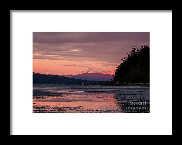 Mount Baker Framed Print featuring the photograph Mount Baker Tideflats Sunset Alpenglow Reflection by Mike Reid
