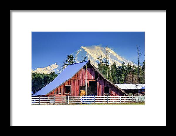 America Framed Print featuring the photograph Mount Rainier and Barn by Inge Johnsson