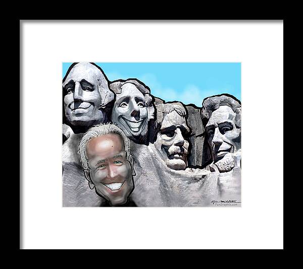 Mount Rushmore Framed Print featuring the digital art Mount Rushmore w Biden by Kevin Middleton