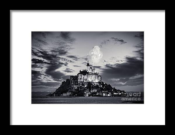 Mount Saint Michel Framed Print featuring the photograph Mount Saint Michel at night Black and White by Stefano Senise