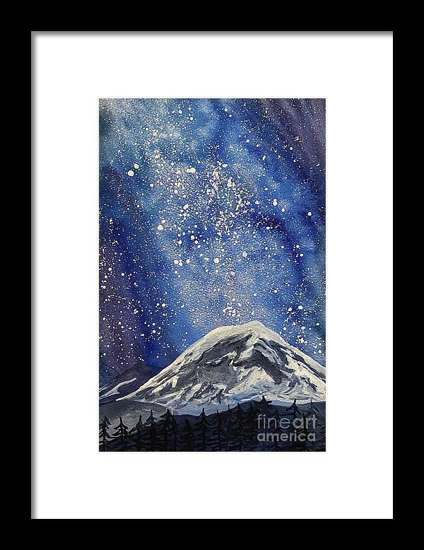 Mount Rainier Framed Print featuring the painting Mountain with Night Sky by Lisa Neuman