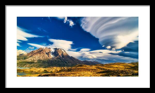 Lenticular Cloud Framed Print featuring the photograph Mountains and Lenticular Cloud in Patagonia by Bruce Block