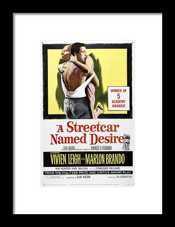 Streetcar Framed Print featuring the mixed media Movie poster '' Streetcar Named Desire'', with Marlon Brando and Vivien Leigh, 1951 by Movie World Posters