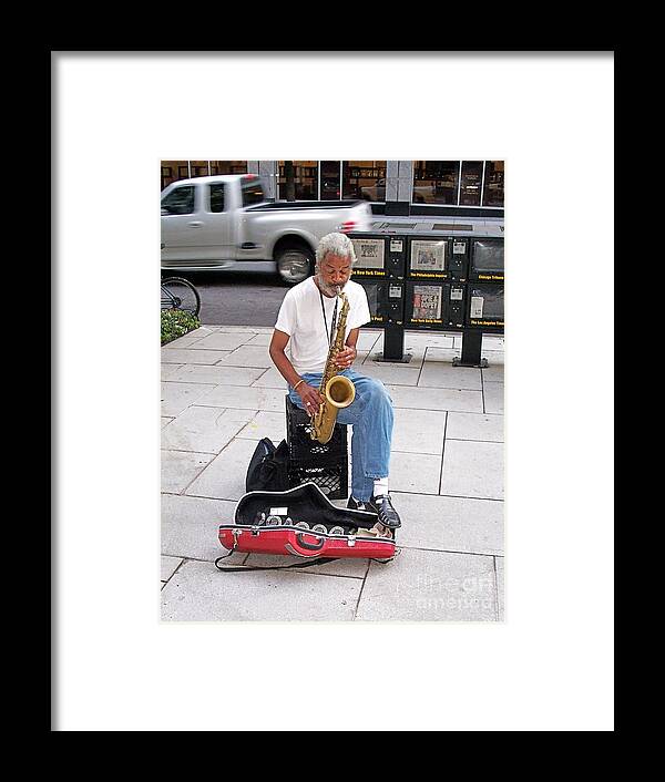 Portraits Framed Print featuring the photograph Sax Man Busking by Walter Neal