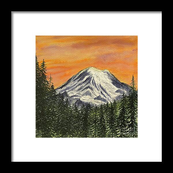 Mount Rainier Framed Print featuring the painting Mount Rainier at Sunset by Lisa Neuman