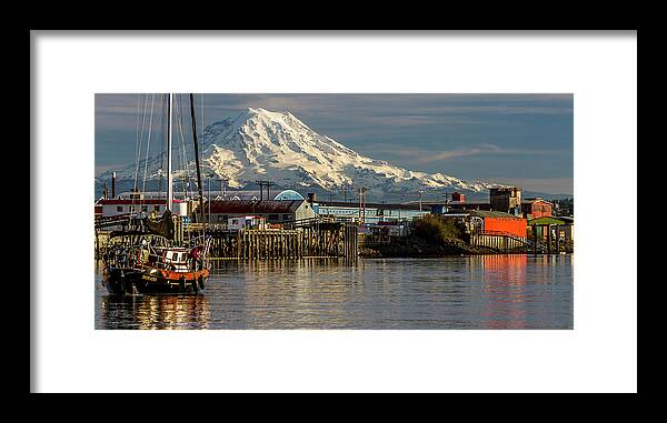 Mt. Mt Rainier Mountain Thea Foss Waterway Inlet Passage City Tacoma Industrial Piers Sailboat Boats Boating Maritime Puget Sound South Snow Evening Sun Sunny Warm Summer Framed Print featuring the photograph MT Rainier Over Foss Waterway by Rob Green