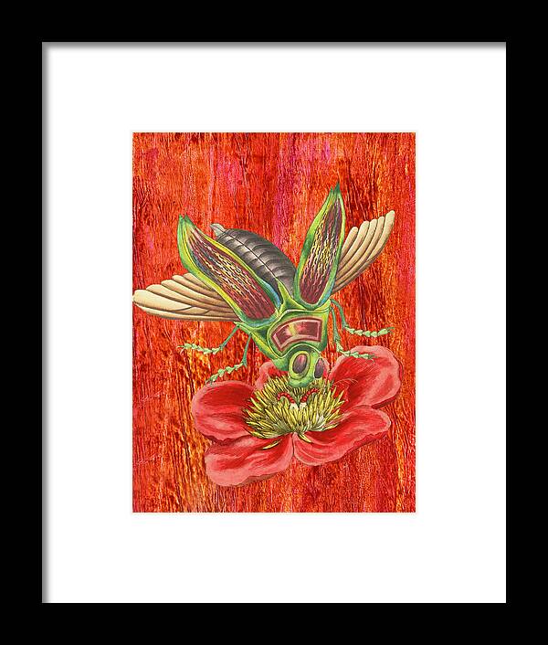 Insect Framed Print featuring the mixed media Multicolored Fly on a Red Flower by Lorena Cassady