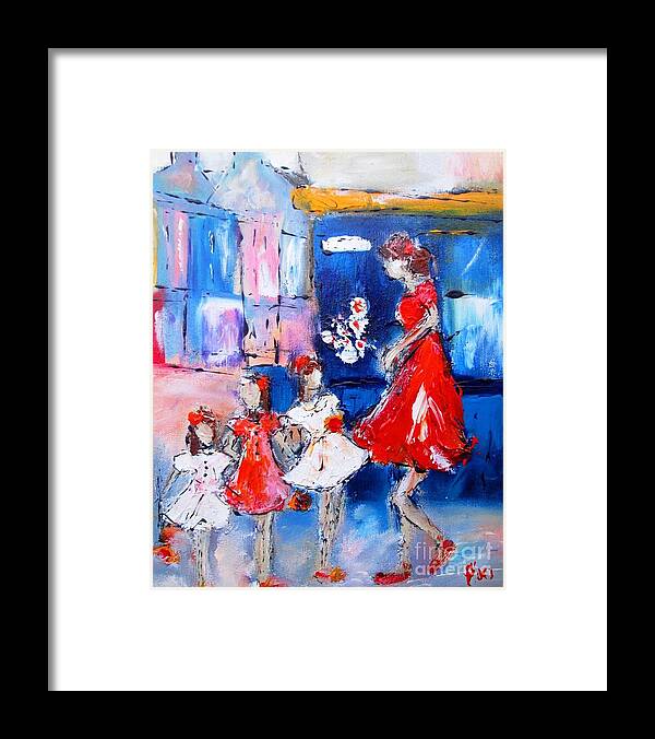 Family Paintings Framed Print featuring the painting Paintings Of Mum And Girls Go Shopping In Galway by Mary Cahalan Lee - aka PIXI