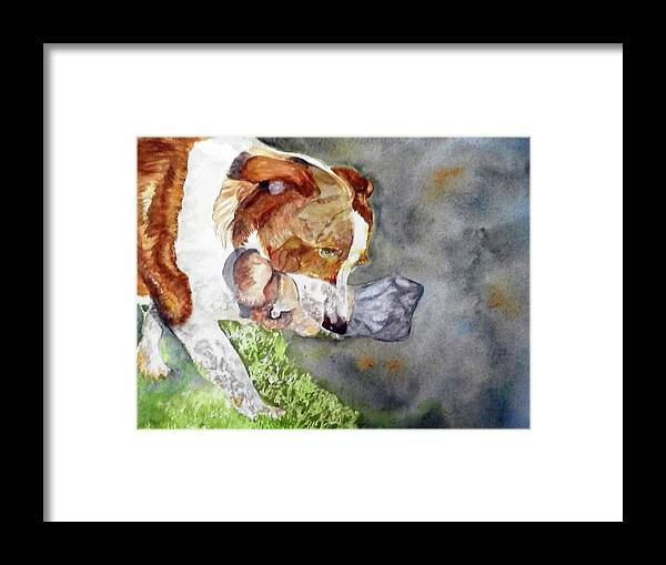 Dog Framed Print featuring the painting My Bone by Barbara F Johnson