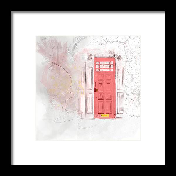 Red Framed Print featuring the mixed media Mysterious Red Door by Moira Law