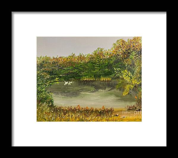 Peaceful Framed Print featuring the painting Mystery Pond by Monika Shepherdson