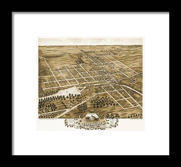 Naperville Framed Print featuring the photograph Naperville Illinois Vintage Map Birds Eye View 1869 Sepia by Carol Japp