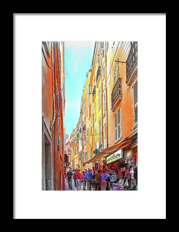 Narrow Framed Print featuring the mixed media Narrow busy street in Monaco #3 by Tatiana Travelways