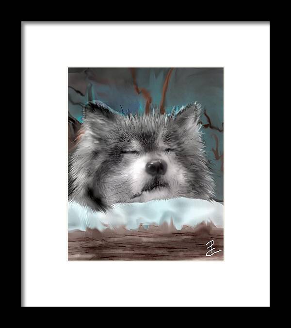 Wolf Resting On Snowy Log Framed Print featuring the mixed media Nashoba Rests by Pamela Calhoun