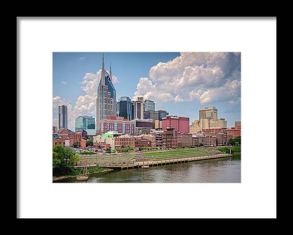 Nashville Framed Print featuring the photograph Nashville skyline from the John Seigenthaler Pedestrian Bridge - Downtown Nashville Photograph by Duane Miller