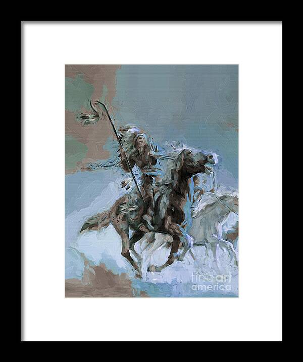 Westcoast Framed Print featuring the painting Native on Horse fighting 01 by Gull G