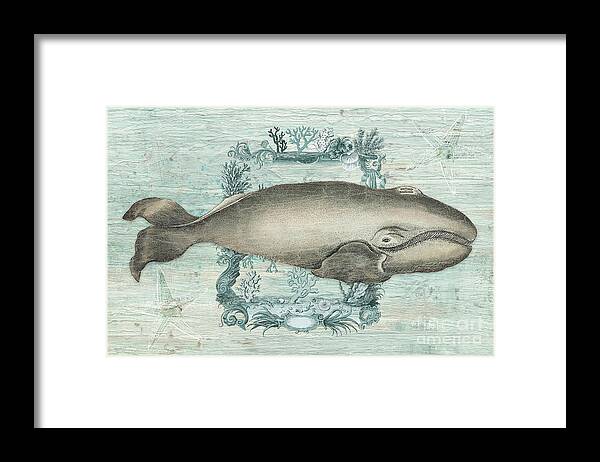 Nautical Ocean Framed Print featuring the painting Nautical Ocean Beach Life - Whale and Starfish by Audrey Jeanne Roberts