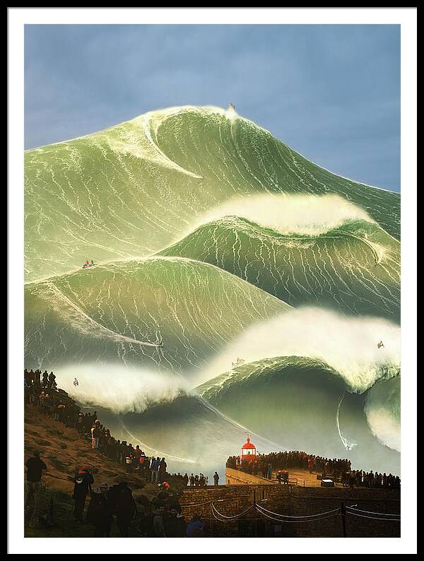 Bigwaves Nazare Bigwavesurfing Surfing Huge Power Waves Portugal Ocean Fantasy Watersports Framed Print featuring the digital art Nazare Morning by Mattias Hammar