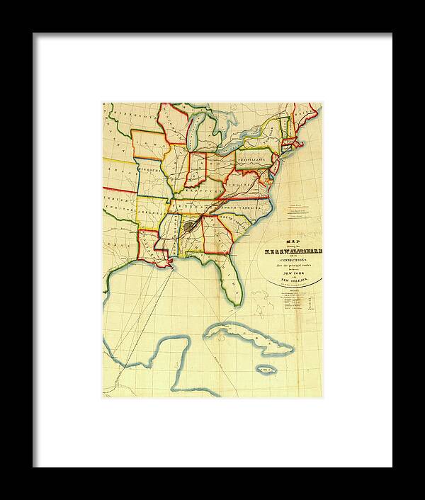 Rails Framed Print featuring the drawing NE and SW Alabama Railroad 1850 by Vintage Railroad Maps
