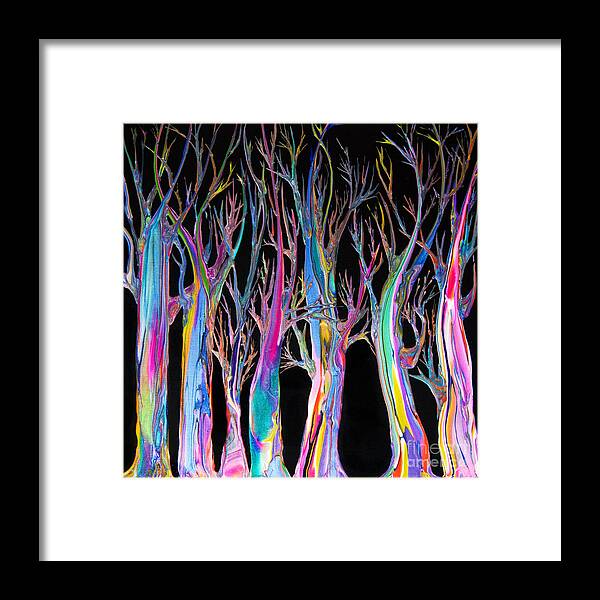 Trees Forest Rainbow Colors Ectalyptus Framed Print featuring the painting Neon Eucalyptus Bare Branches 7746 by Priscilla Batzell Expressionist Art Studio Gallery