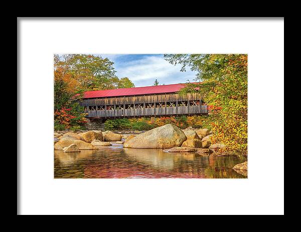 Albany Covered Bridge Framed Print featuring the photograph New England Fall Foliage Colors at the Albany Covered Bridge by Juergen Roth