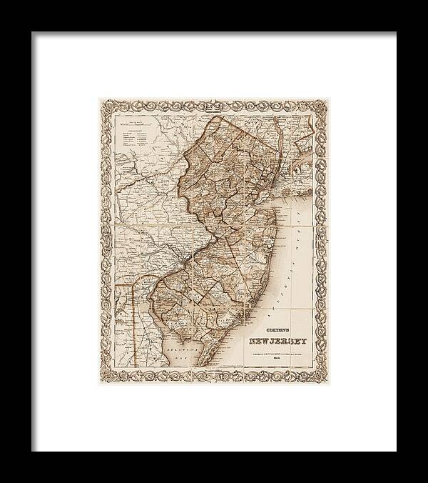 New Jersey Framed Print featuring the photograph New Jersey Antique Map 1866 Sepia by Carol Japp