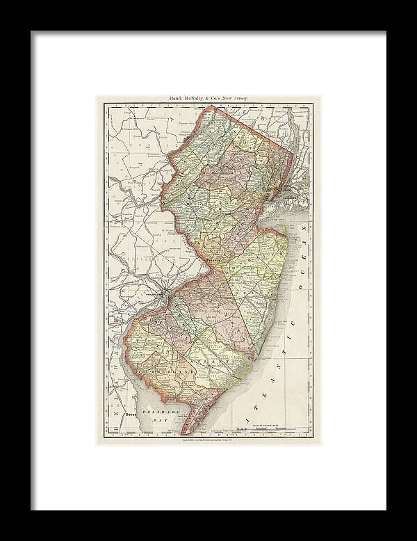 New Jersey Framed Print featuring the photograph New Jersey Vintage Map 1890 by Carol Japp