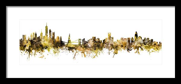 Charlotte Framed Print featuring the digital art New York and Charlotte Skylines Mashup Brown Gold by Michael Tompsett