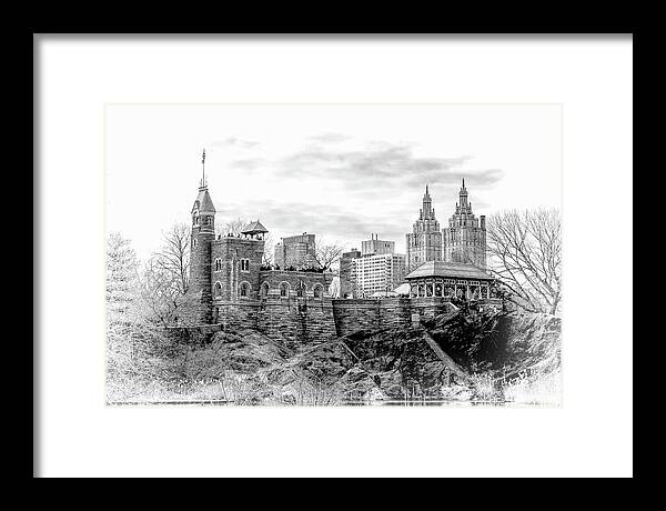 New York Framed Print featuring the photograph New York City Central Park Belvedere Castle Black and White by Christopher Arndt