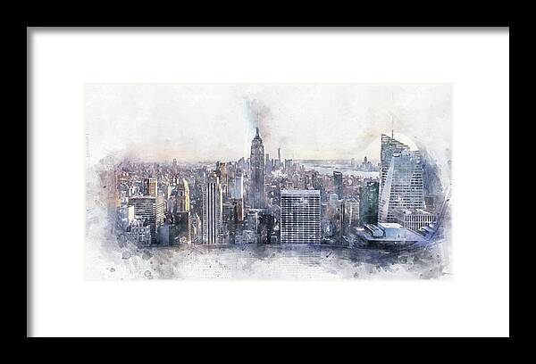 Watercolor Framed Print featuring the digital art New York City Manhattan midtown aerial panorama view with skyscrapers and blue sky in the day, Digital watercolor painting by Maria Kray