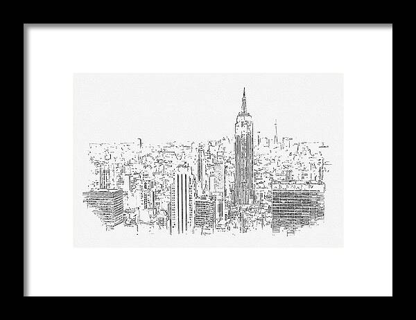 New York Framed Print featuring the digital art New York City skyline with skyscrapers, pencil drawing by Maria Kray