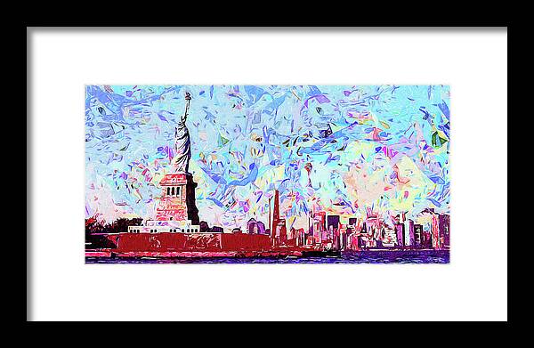 Statue Of Liberty Framed Print featuring the painting New York, Manhattan Panorama - 06 by AM FineArtPrints