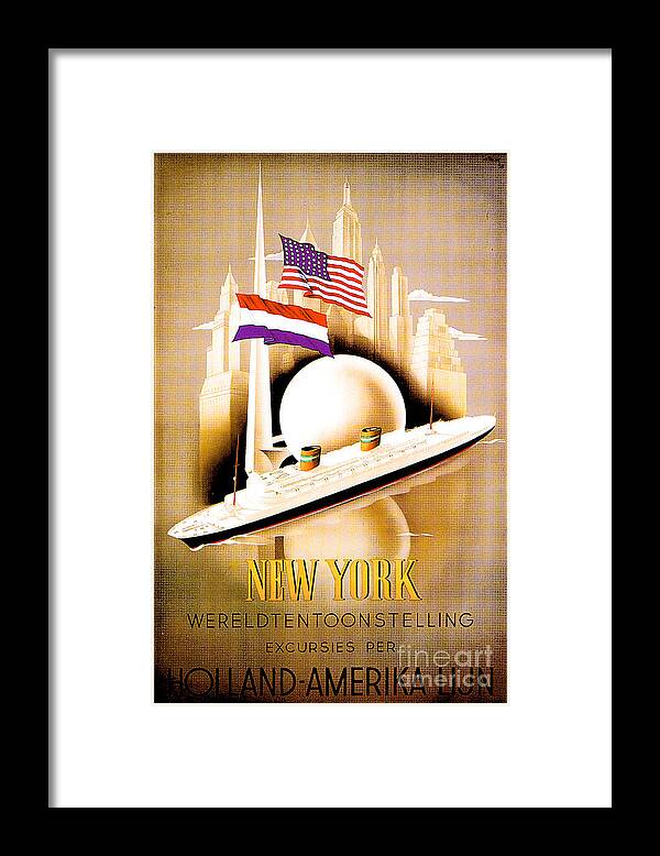 New York Framed Print featuring the painting New York Wereldtentoonstelling excursies per Holland Amerika Lijn Poster 1938 by Unknown