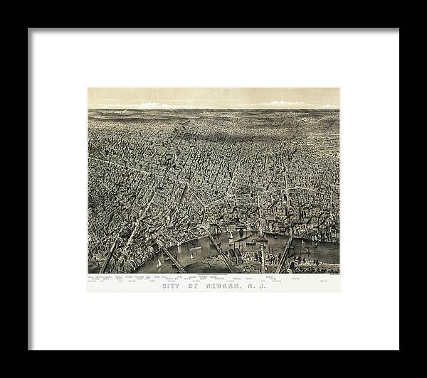Newark Framed Print featuring the photograph Newark New Jersey Antique Map 1874 by Carol Japp