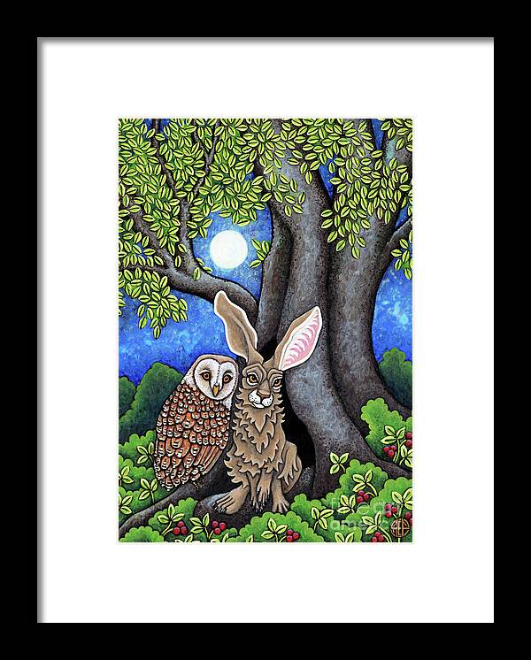 Hare Framed Print featuring the painting Night Gossips Hare and Owl Determine the Whos Who by Amy E Fraser
