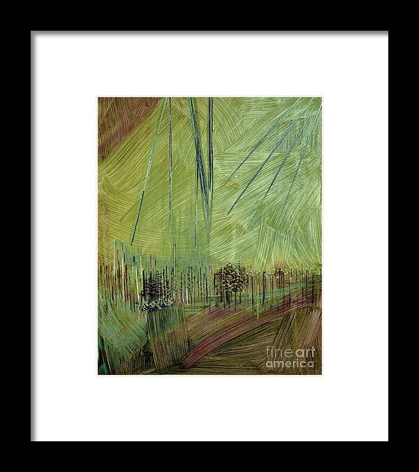Abstract Framed Print featuring the painting Night Lights in Green and Brown by Corinne Carroll
