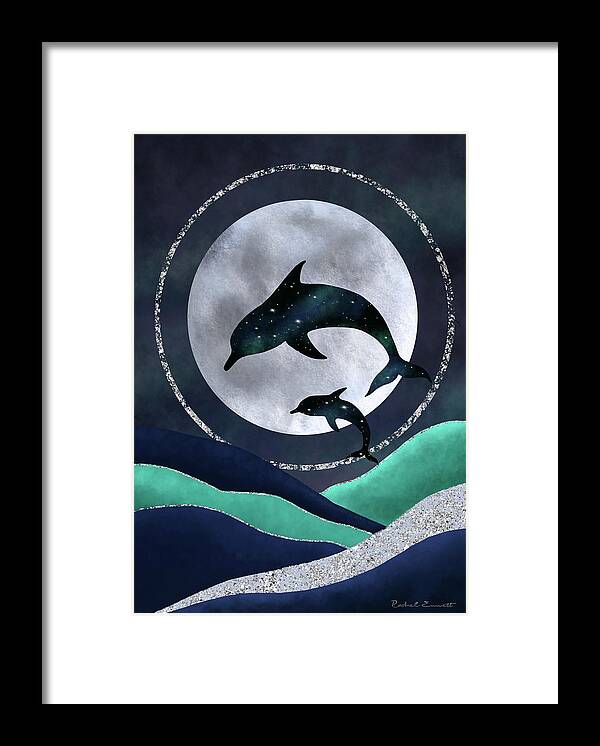 Dolphin Framed Print featuring the digital art Night Swimming by Rachel Emmett