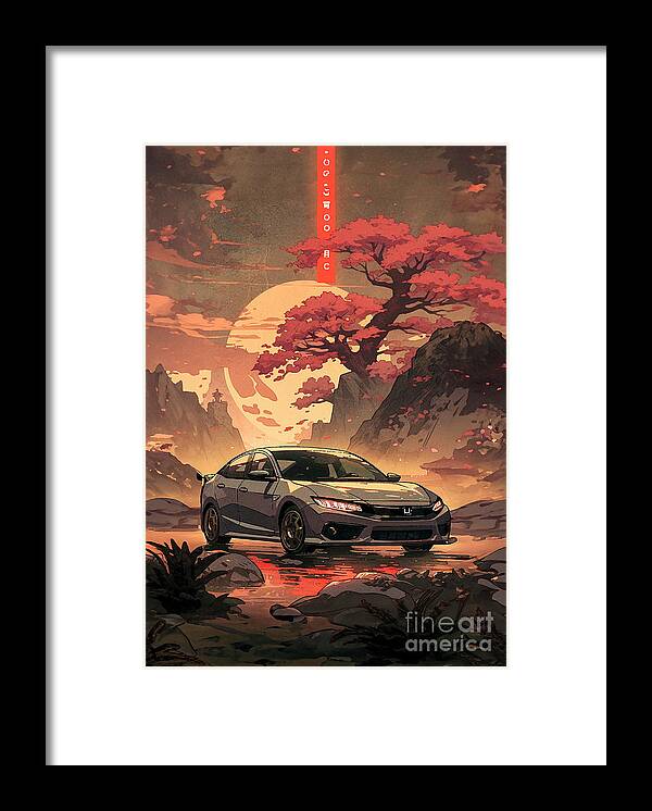 Honda Framed Print featuring the drawing No00106 My Honda Inspire car ukiyo-e japanese style by Clark Leffler