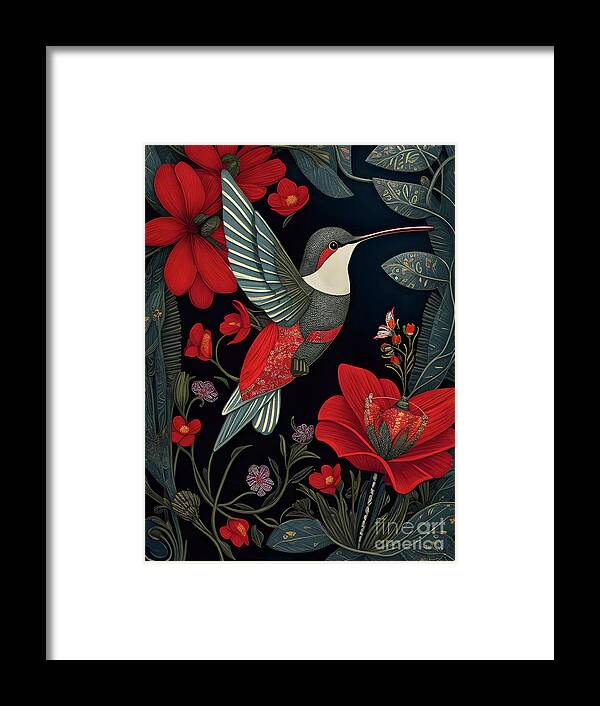 Wildlife Framed Print featuring the digital art Nocturnal Embroideries Humming Bird V1 by Peter Awax