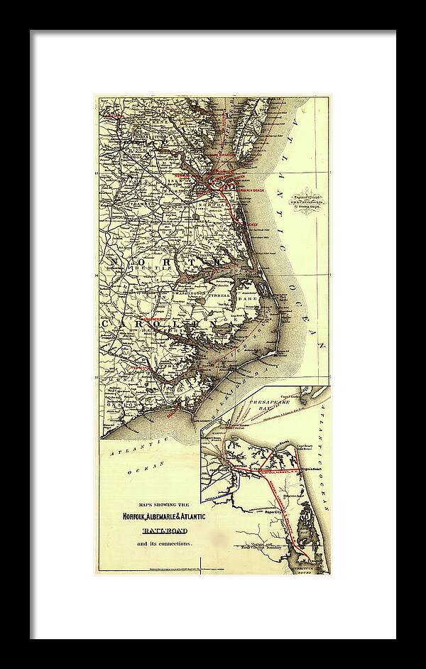Rails Framed Print featuring the drawing Norfolk Albermarle and Atlantic Railroad 1891 by Vintage Railroad Maps