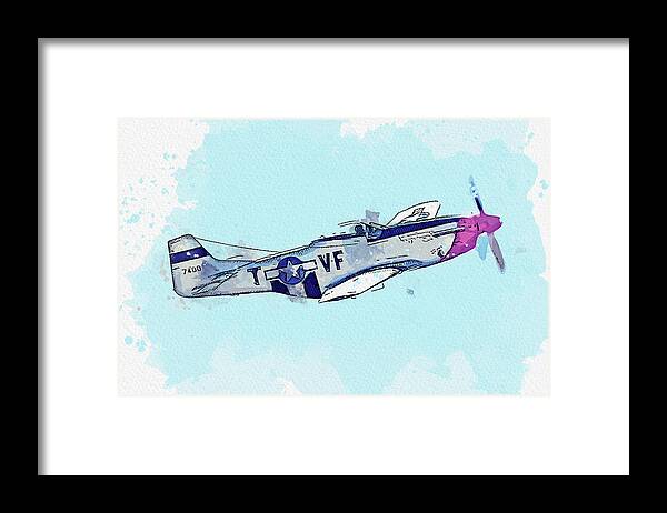 Plane Framed Print featuring the painting North American P-D Mustang Toulouse Nuts , Vintage Aircraft - Classic War Birds - Planes watercolor by Celestial Images