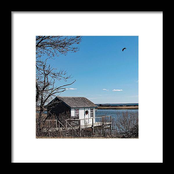 Shack House Water Bird Pond Lake Porch Framed Print featuring the photograph North Fork shack1 by John Linnemeyer